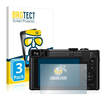 Front side of a product packaging with the brand logo BROTECT. Next to it is the device Panasonic Lumix DMC-TZ81 shown with th