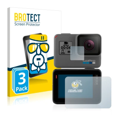 Front side of a product packaging with the brand logo BROTECT. Next to it is the device GoPro Hero 5 Black shown with the corr