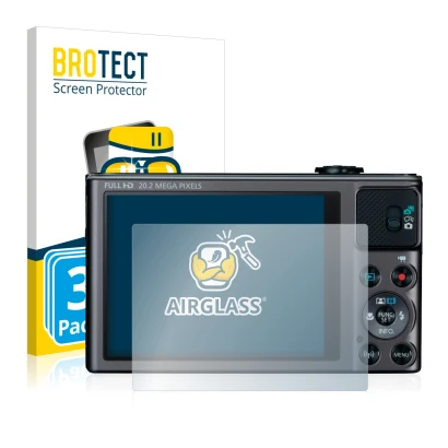 Front side of a product packaging with the brand logo BROTECT. Next to it is the device Canon PowerShot SX620 HS shown with th