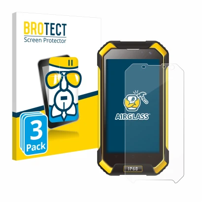 Front side of a product packaging with the brand logo BROTECT. Next to it is the device Blackview BV6000 shown with the corres