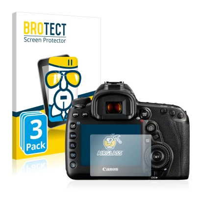 Front side of a product packaging with the brand logo BROTECT. Next to it is the device Canon EOS 5D Mark IV shown with the co