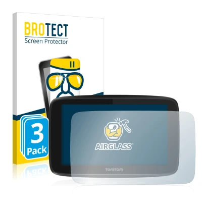 Front side of a product packaging with the brand logo BROTECT. Next to it is the device TomTom GO 5200 shown with the correspo