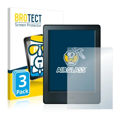 Front side of a product packaging with the brand logo BROTECT. Next to it is the device Amazon Kindle 2016 (8th Gen.) shown wi