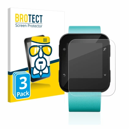 Front side of a product packaging with the brand logo BROTECT. Next to it is the device Garmin Forerunner 35 shown with the co