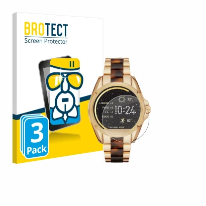 Front side of a product packaging with the brand logo BROTECT. Next to it is the device Michael Kors Access Bradshaw shown wit