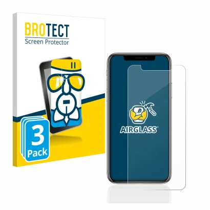 Front side of a product packaging with the brand logo BROTECT. Next to it is the device Apple iPhone X shown with the correspo
