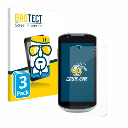 Front side of a product packaging with the brand logo BROTECT. Next to it is the device Zebra TC56 shown with the correspondin