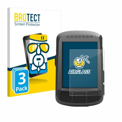 Front side of a product packaging with the brand logo BROTECT. Next to it is the device Wahoo Elemnt Bolt GPS shown with the c