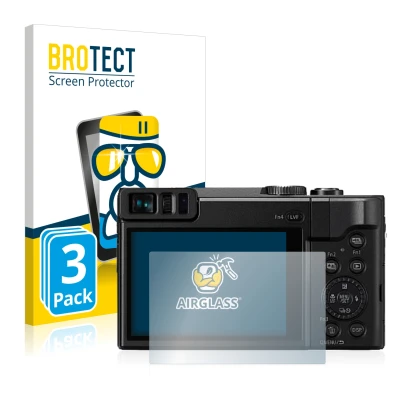 Front side of a product packaging with the brand logo BROTECT. Next to it is the device Panasonic Lumix DC-TZ91 shown with the