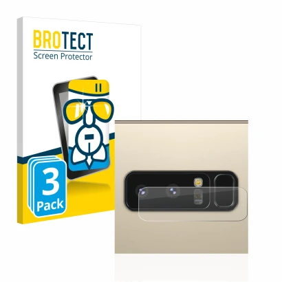 Front side of a product packaging with the brand logo BROTECT. Next to it is the device Samsung Galaxy Note 8 (ONLY Camera Len