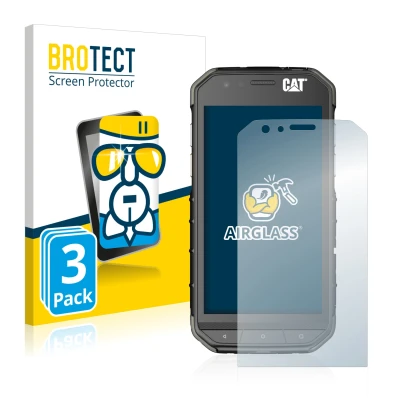 Front side of a product packaging with the brand logo BROTECT. Next to it is the device Caterpillar Cat S31 shown with the cor