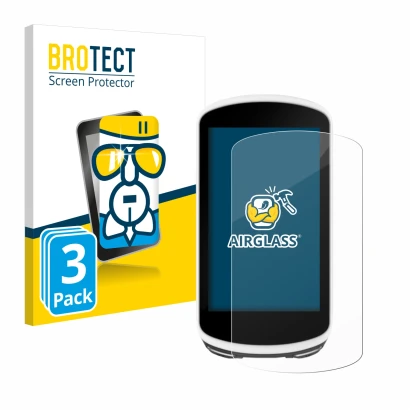 Front side of a product packaging with the brand logo BROTECT. Next to it is the device Garmin Edge 1030 shown with the corres