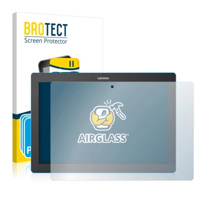 Front side of a product packaging with the brand logo BROTECT. Next to it is the device Lenovo Tab 10 TB-X103F shown with the 