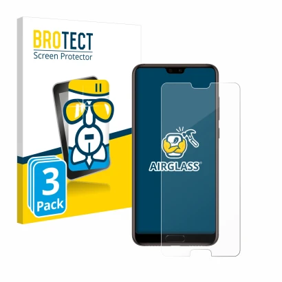 Front side of a product packaging with the brand logo BROTECT. Next to it is the device Huawei P20 shown with the correspondin
