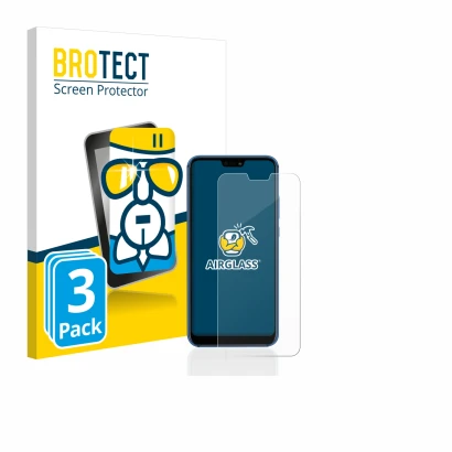 Front side of a product packaging with the brand logo BROTECT. Next to it is the device Huawei P20 lite 2018 shown with the co
