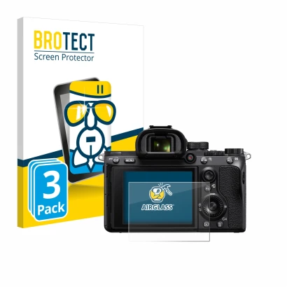 Front side of a product packaging with the brand logo BROTECT. Next to it is the device Sony Alpha 7 III (ILCE-7M3) shown with