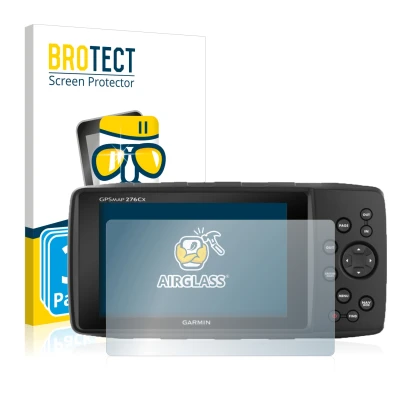 Front side of a product packaging with the brand logo BROTECT. Next to it is the device Garmin GPSMAP 276Cx shown with the cor