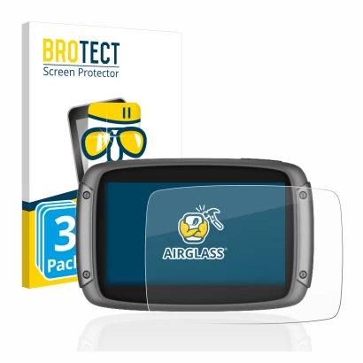 Front side of a product packaging with the brand logo BROTECT. Next to it is the device TomTom Rider 550 shown with the corres