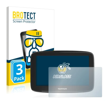 Front side of a product packaging with the brand logo BROTECT. Next to it is the device TomTom GO Basic 5" shown with the corr