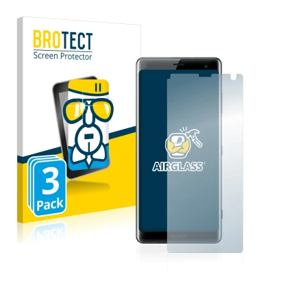 Front side of a product packaging with the brand logo BROTECT. Next to it is the device Sony Xperia XZ3 shown with the corresp