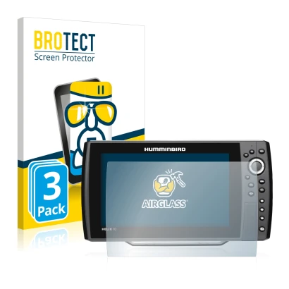Front side of a product packaging with the brand logo BROTECT. Next to it is the device Humminbird Helix 10 shown with the cor
