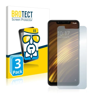 Front side of a product packaging with the brand logo BROTECT. Next to it is the device Xiaomi Pocophone F1 shown with the cor