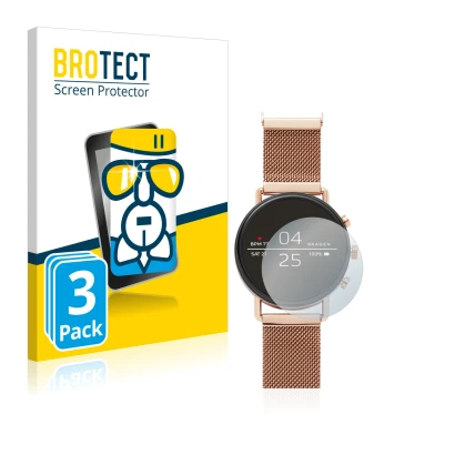 Front side of a product packaging with the brand logo BROTECT. Next to it is the device Skagen Smartwatch Falster 40mm shown w