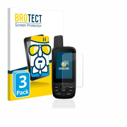 Front side of a product packaging with the brand logo BROTECT. Next to it is the device Garmin GPSMAP 66s shown with the corre