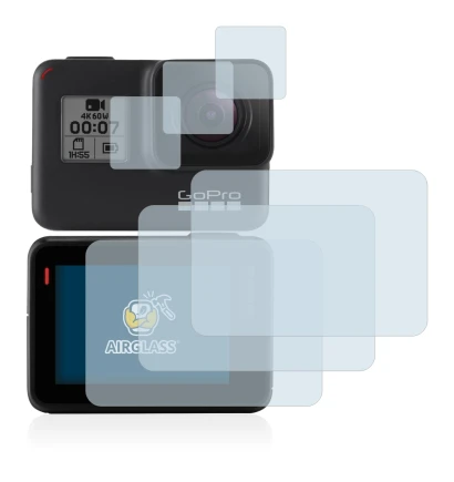 Image of the device GoPro Hero 7 Black with a wide variety of screen protectors.
