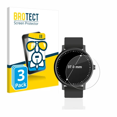 Front side of a product packaging with the brand logo BROTECT. Next to it is the device Circular Displays (ø: 37 mm) shown wit