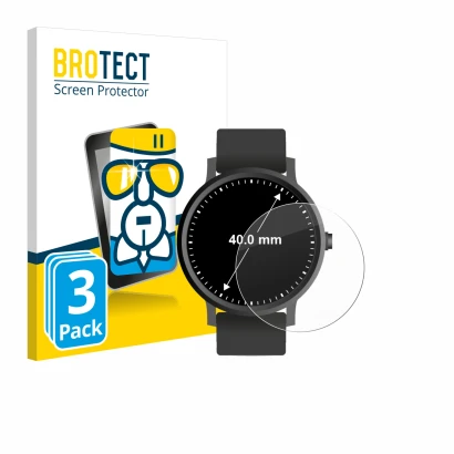 Front side of a product packaging with the brand logo BROTECT. Next to it is the device Circular Displays (ø: 40 mm) shown wit