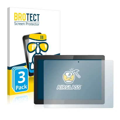 Front side of a product packaging with the brand logo BROTECT. Next to it is the device Lenovo Tab M10 TB-X605F shown with the