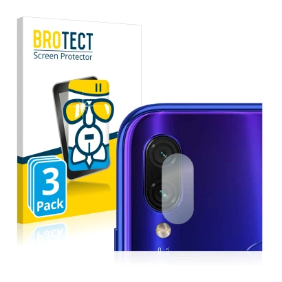Front side of a product packaging with the brand logo BROTECT. Next to it is the device Xiaomi Redmi Note 7 (ONLY Camera Lens)