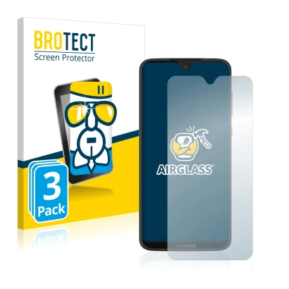 Front side of a product packaging with the brand logo BROTECT. Next to it is the device Motorola Moto G7 Plus shown with the c