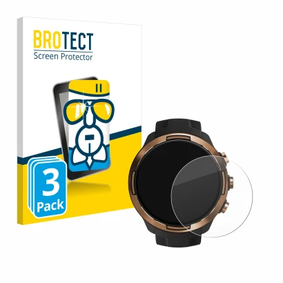 Front side of a product packaging with the brand logo BROTECT. Next to it is the device Suunto 9 Baro shown with the correspon