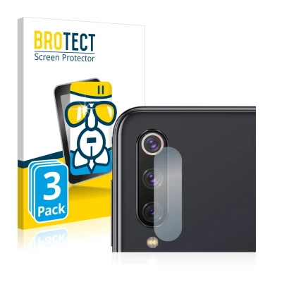 Front side of a product packaging with the brand logo BROTECT. Next to it is the device Xiaomi Mi 9 SE (ONLY Camera Lens) show