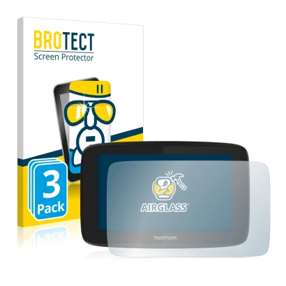 Front side of a product packaging with the brand logo BROTECT. Next to it is the device TomTom GO Essential (5") shown with th
