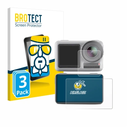 Front side of a product packaging with the brand logo BROTECT. Next to it is the device DJI Osmo Action shown with the corresp