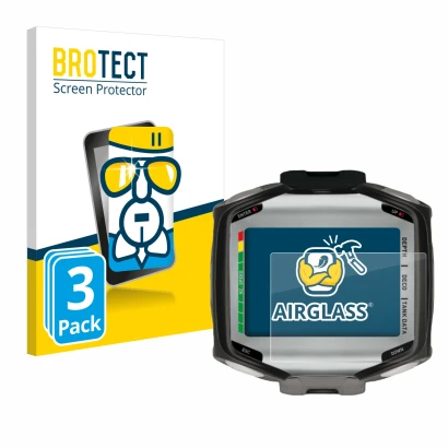 Front side of a product packaging with the brand logo BROTECT. Next to it is the device Mares Quad shown with the correspondin