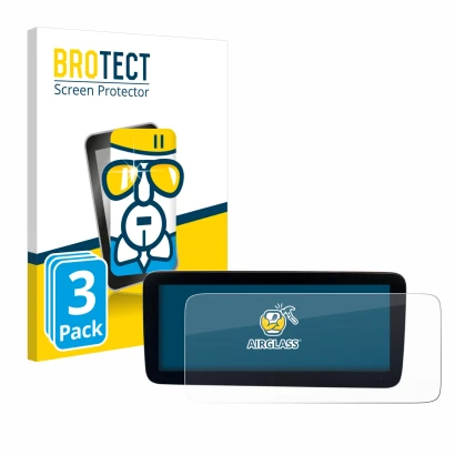 Front side of a product packaging with the brand logo BROTECT. Next to it is the device Mercedes-Benz Actros 2019 Cockpit 12"