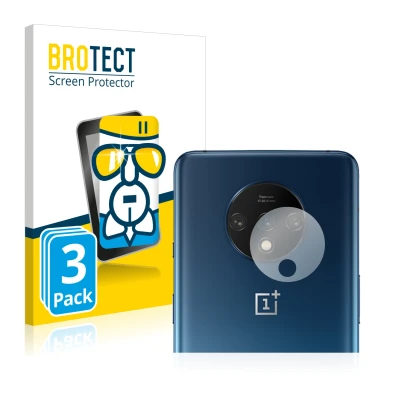 Front side of a product packaging with the brand logo BROTECT. Next to it is the device OnePlus 7T (ONLY Camera Lens) shown wi