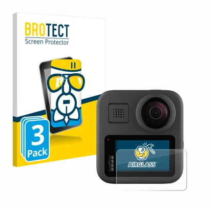 Front side of a product packaging with the brand logo BROTECT. Next to it is the device GoPro Max shown with the corresponding