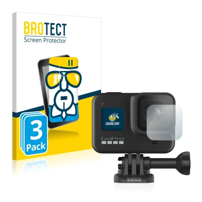 Front side of a product packaging with the brand logo BROTECT. Next to it is the device GoPro Hero 8 Black (Lens) shown with t