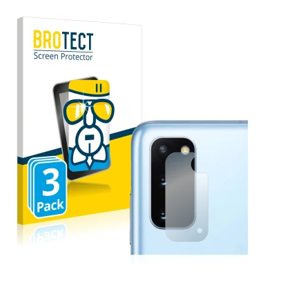 Front side of a product packaging with the brand logo BROTECT. Next to it is the device Samsung Galaxy S20 (ONLY Camera Lens)