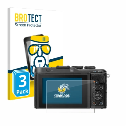 Front side of a product packaging with the brand logo BROTECT. Next to it is the device Olympus PEN E-PL10 shown with the corr