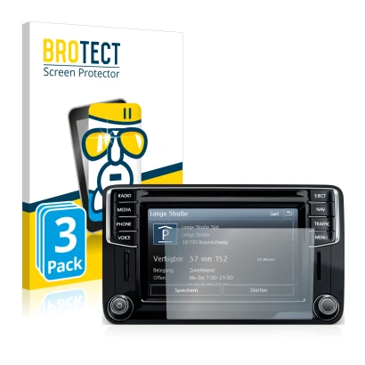 Front side of a product packaging with the brand logo BROTECT. Next to it is the device Volkswagen Caddy 2015 Discover Media 6