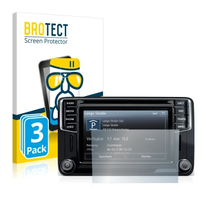 Front side of a product packaging with the brand logo BROTECT. Next to it is the device Volkswagen Amarok Discover Media 6.5" 