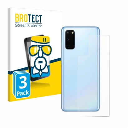 Front side of a product packaging with the brand logo BROTECT. Next to it is the device Samsung Galaxy S20 5G (Back) shown wit