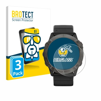 Front side of a product packaging with the brand logo BROTECT. Next to it is the device Garmin Fenix 6X Pro Solar shown with t