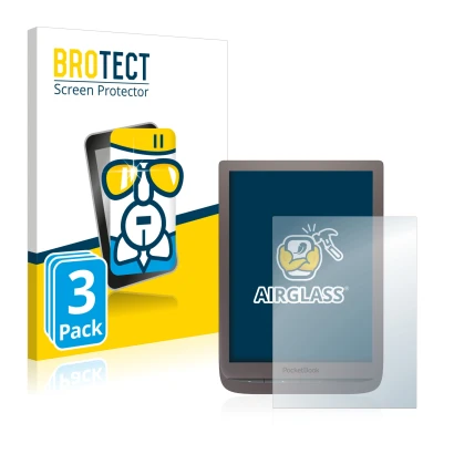 Front side of a product packaging with the brand logo BROTECT. Next to it is the device PocketBook InkPad 3 Pro shown with the